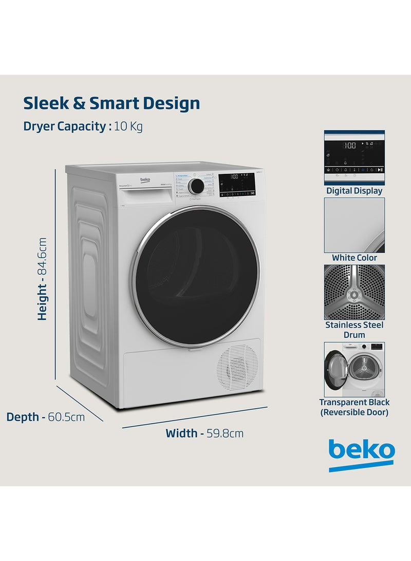 Beko - 10 kg Heat Pump Condenser Tumble Dryer with 15 Programmes, Low Noise, A++ Energy Efficiency Class, Iron Finsh Technology (Ready to wear), AquaWave Technology, Optisense Sensor Drying, Reversable Door, ProSmart Inveter Motor 2.45 kW DHP10W White - Image 1