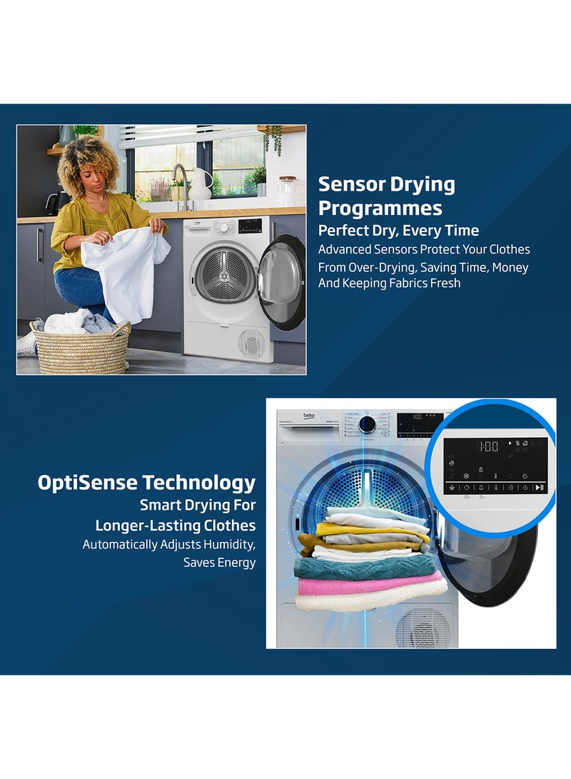Beko - 10 kg Heat Pump Condenser Tumble Dryer with 15 Programmes, Low Noise, A++ Energy Efficiency Class, Iron Finsh Technology (Ready to wear), AquaWave Technology, Optisense Sensor Drying, Reversable Door, ProSmart Inveter Motor 2.45 kW DHP10W White - Image 1