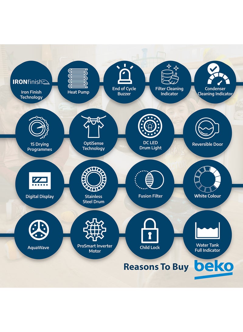 Beko - 10 kg Heat Pump Condenser Tumble Dryer with 15 Programmes, Low Noise, A++ Energy Efficiency Class, Iron Finsh Technology (Ready to wear), AquaWave Technology, Optisense Sensor Drying, Reversable Door, ProSmart Inveter Motor 2.45 kW DHP10W White - Image 1