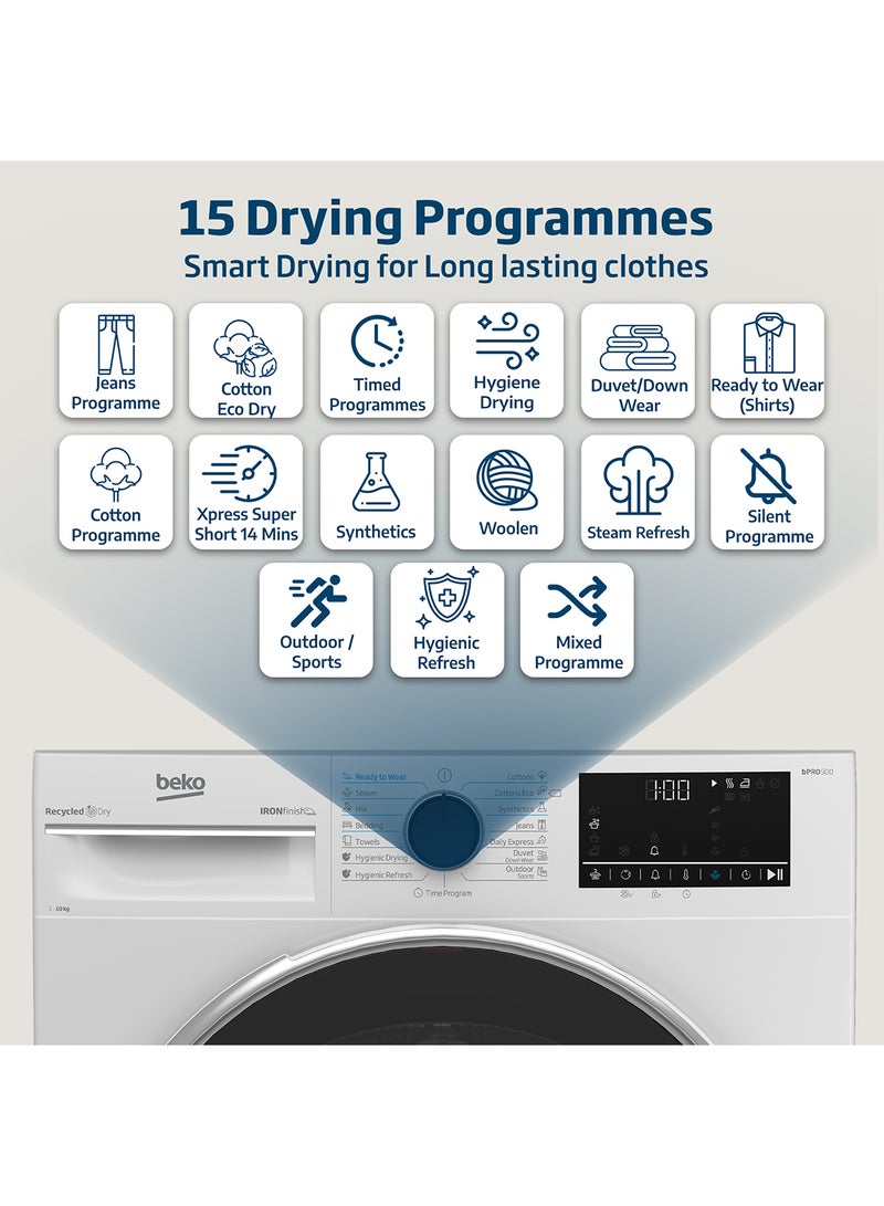 Beko - 10 kg Heat Pump Condenser Tumble Dryer with 15 Programmes, Low Noise, A++ Energy Efficiency Class, Iron Finsh Technology (Ready to wear), AquaWave Technology, Optisense Sensor Drying, Reversable Door, ProSmart Inveter Motor 2.45 kW DHP10W White - Image 1