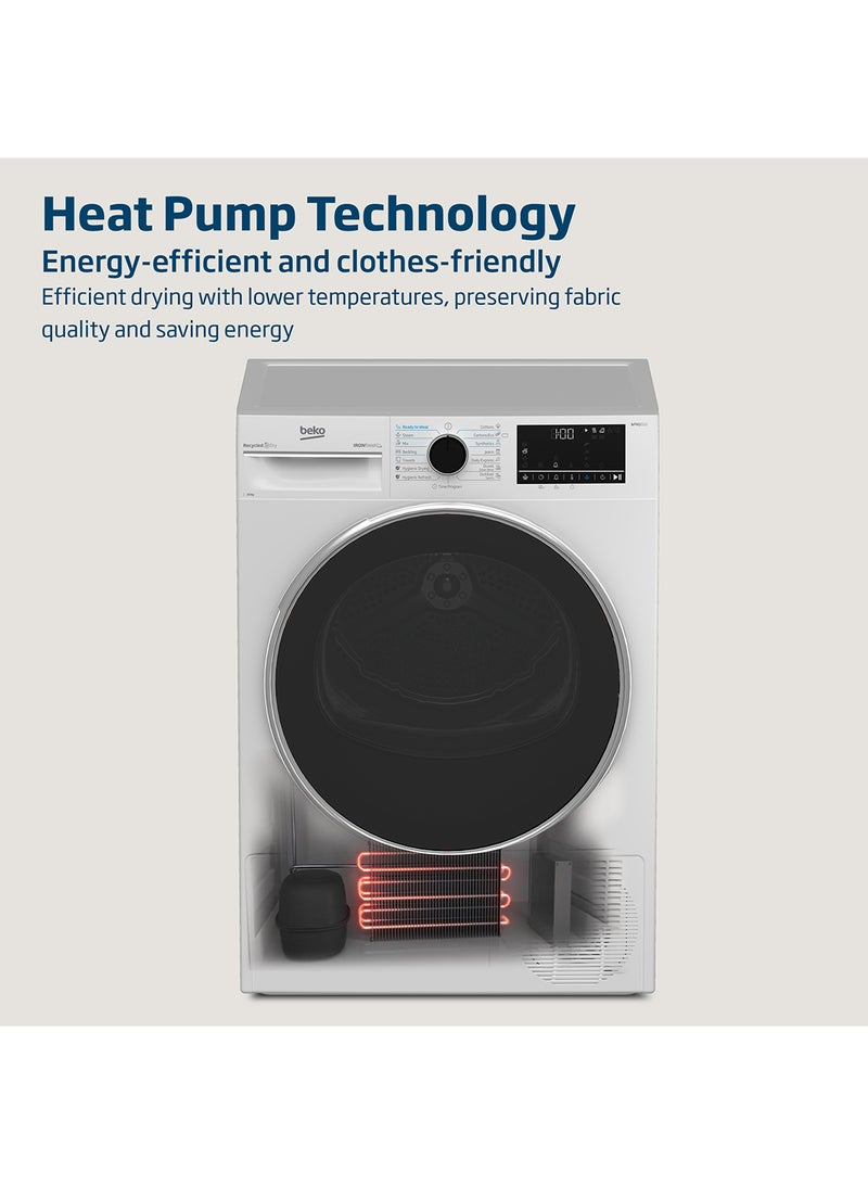 Beko - 10 kg Heat Pump Condenser Tumble Dryer with 15 Programmes, Low Noise, A++ Energy Efficiency Class, Iron Finsh Technology (Ready to wear), AquaWave Technology, Optisense Sensor Drying, Reversable Door, ProSmart Inveter Motor 2.45 kW DHP10W White - Image 1