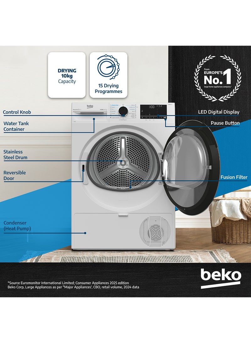 Beko - 10 kg Heat Pump Condenser Tumble Dryer with 15 Programmes, Low Noise, A++ Energy Efficiency Class, Iron Finsh Technology (Ready to wear), AquaWave Technology, Optisense Sensor Drying, Reversable Door, ProSmart Inveter Motor 2.45 kW DHP10W White - Image 1