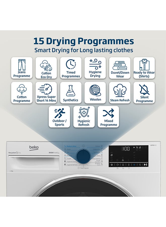 Beko 10 kg Heat Pump Condenser Tumble Dryer with 15 Programmes, Low Noise, A++ Energy Efficiency Class, Iron Finsh Technology (Ready to wear), AquaWave Technology, Optisense Sensor Drying, Reversable Door, ProSmart Inveter Motor 2.45 kW DHP10W White  - Image 3