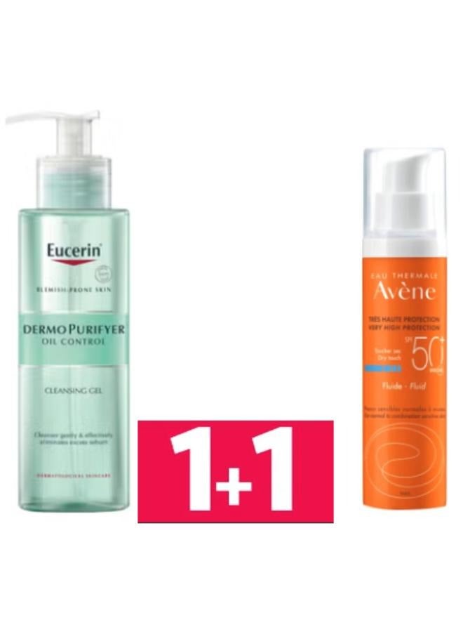 آفين Fluide SPF 50+ Sunscreen + Dermopurifyer Oil Control Face Cleansing Gel For Blemish And Acne-Prone Skin 50ML+200MLml - Image 1
