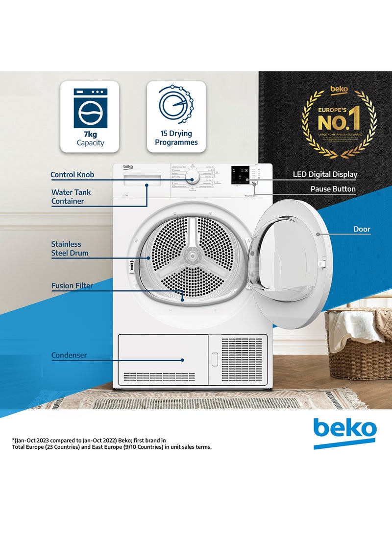 7 kg Condenser Tumble Dryer with 15 Programmes, AquaWave Technology, Advanced Sensor Drying, Low noise, Convenient Digital Display, DC7W (White) DC7W White - pnsku/N70125899V/45/_/1735286368/f548a1be-6af8-48bd-a837-9cc2c30e4fc7