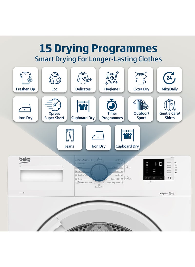 بيكو - 7 kg Condenser Tumble Dryer, 15 Programmes, Low Noise, AquaWave Technology, Advanced Sensor Drying, Convenient Digital Display DC7W White - Image 1