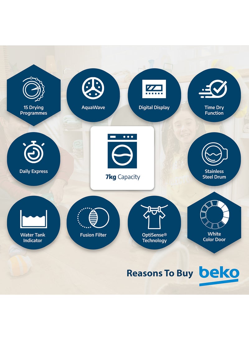 بيكو - 7 kg Condenser Tumble Dryer, 15 Programmes, Low Noise, AquaWave Technology, Advanced Sensor Drying, Convenient Digital Display DC7W White - Image 1