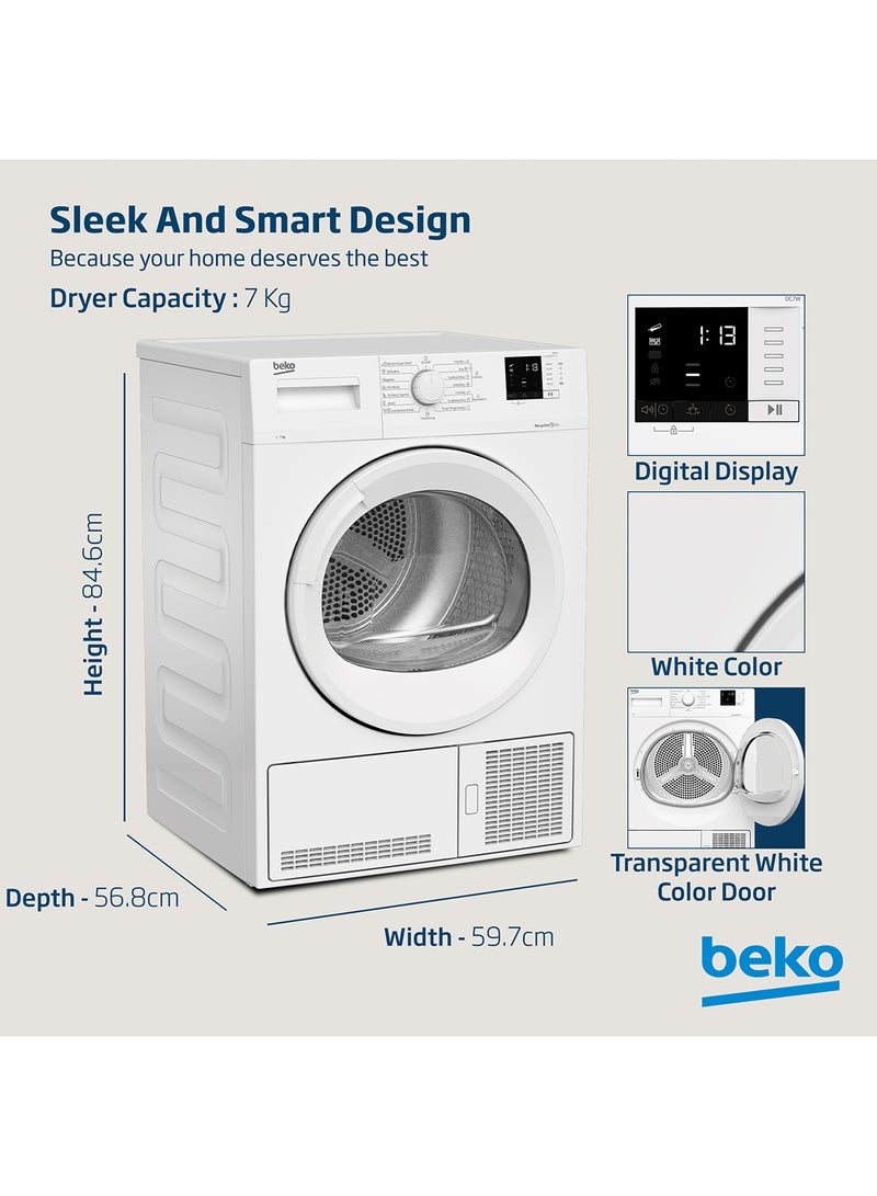 بيكو - 7 kg Condenser Tumble Dryer, 15 Programmes, Low Noise, AquaWave Technology, Advanced Sensor Drying, Convenient Digital Display DC7W White - Image 1