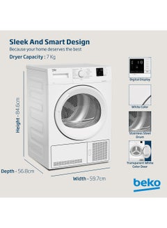 Beko 7 kg Condenser Tumble Dryer, 15 Programmes, Low Noise, AquaWave Technology, Advanced Sensor Drying, Convenient Digital Display DC7W White  - Image 4