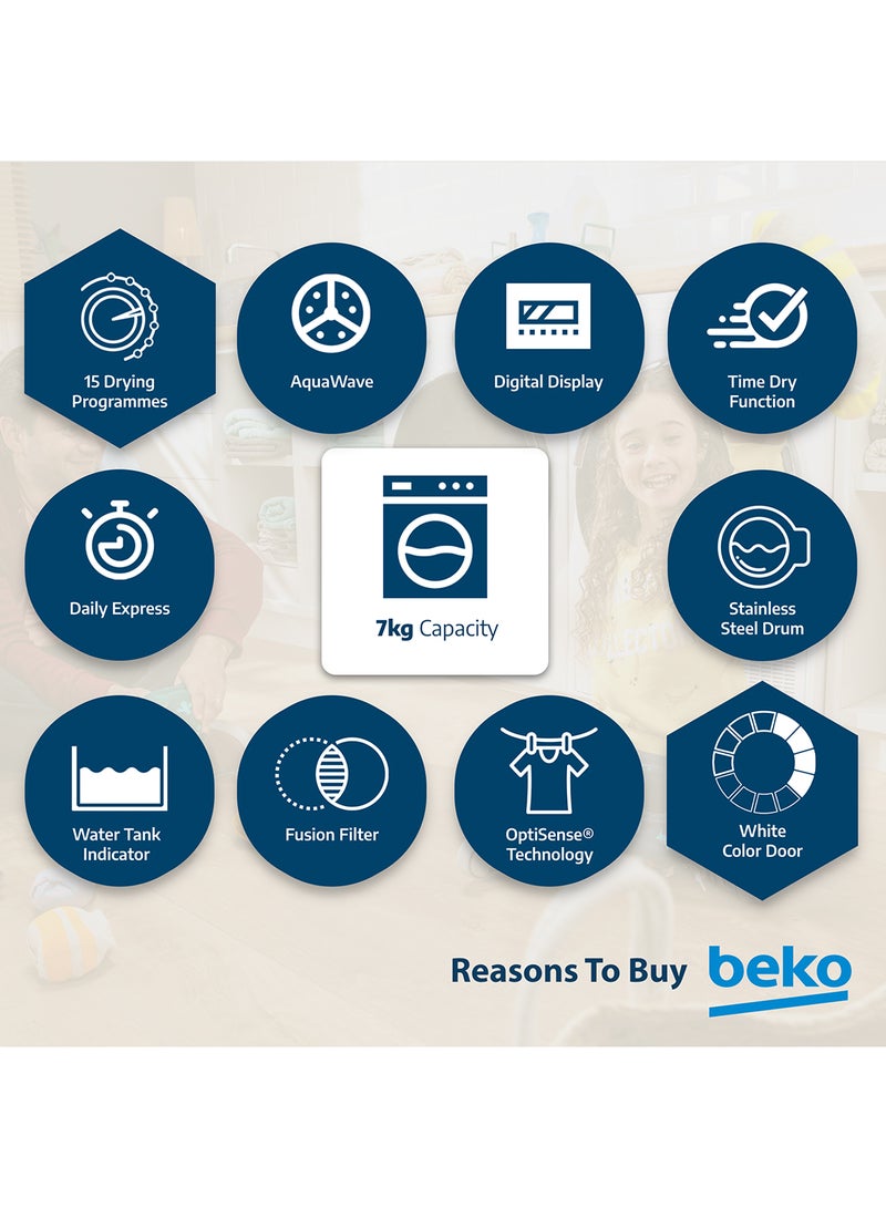 Beko - 7 kg Condenser Tumble Dryer, 15 Programmes, Low Noise, AquaWave Technology, Advanced Sensor Drying, Convenient Digital Display DC7W White - Image 1
