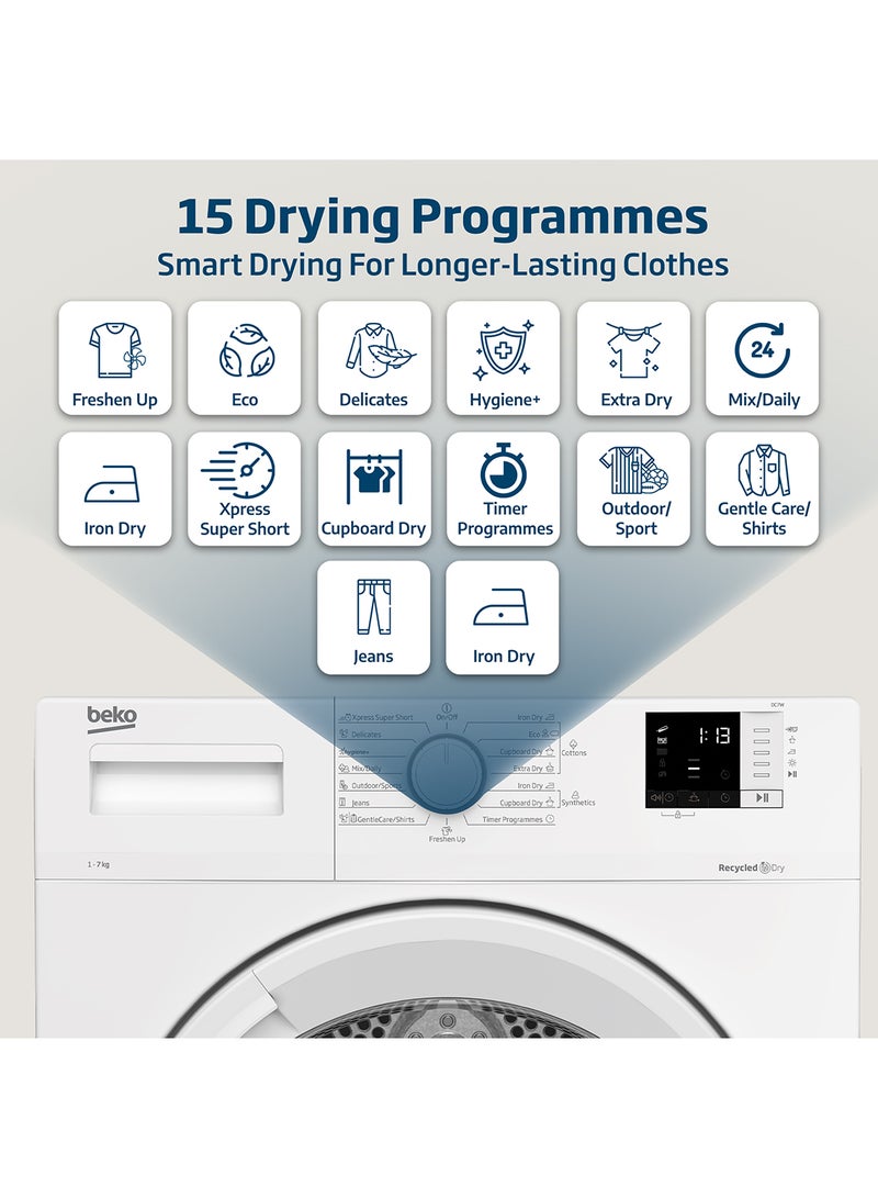 Beko - 7 kg Condenser Tumble Dryer, 15 Programmes, Low Noise, AquaWave Technology, Advanced Sensor Drying, Convenient Digital Display DC7W White - Image 1