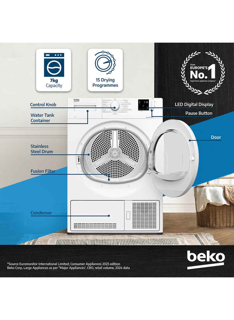 Beko - 7 kg Condenser Tumble Dryer, 15 Programmes, Low Noise, AquaWave Technology, Advanced Sensor Drying, Convenient Digital Display DC7W White - Image 1
