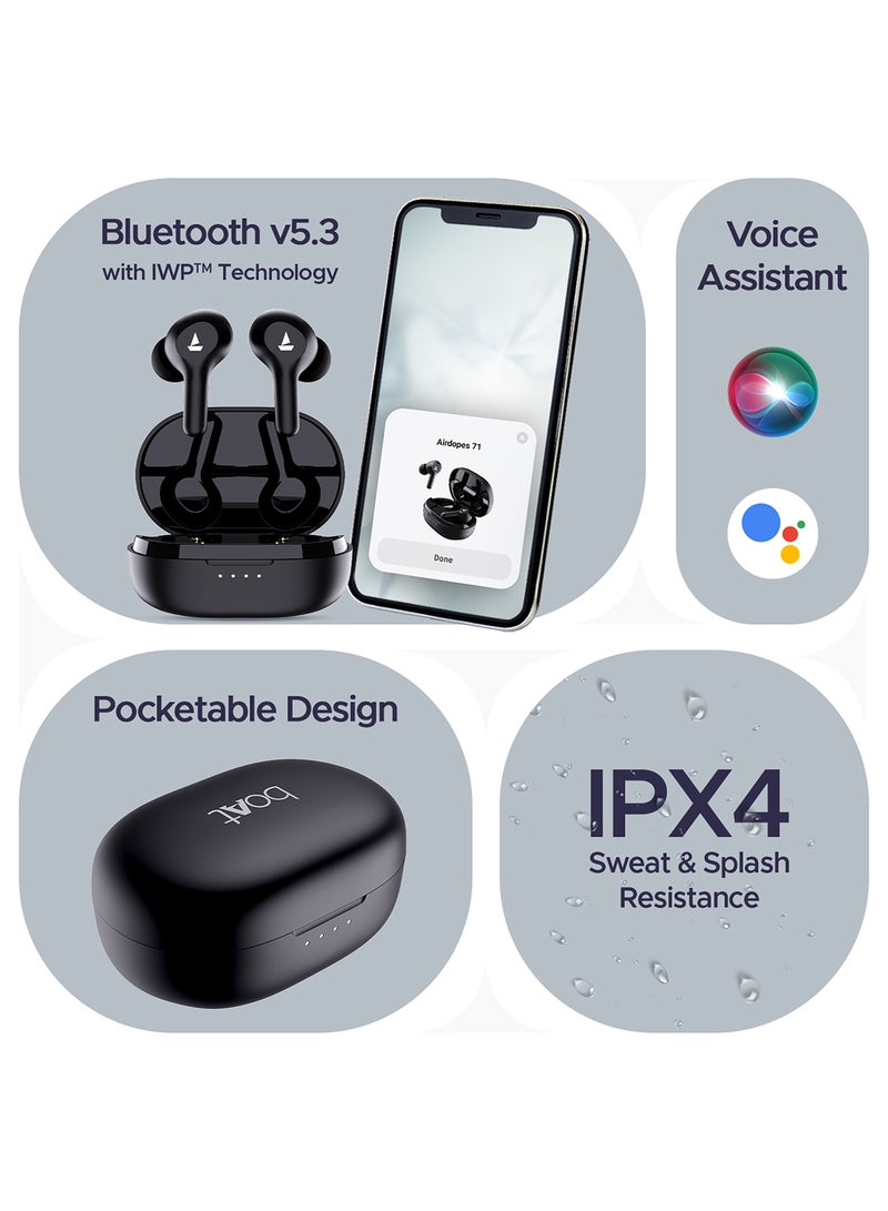 boAt - Airdopes 71 Tws Earbuds With 40 Hours Playtime, Dual Mics With Enxtm, Asap Charge, Iwp, Beast Mode With 50 Ms Low Latency, Ipx4 & Pocketable Id Active Black - Image 1