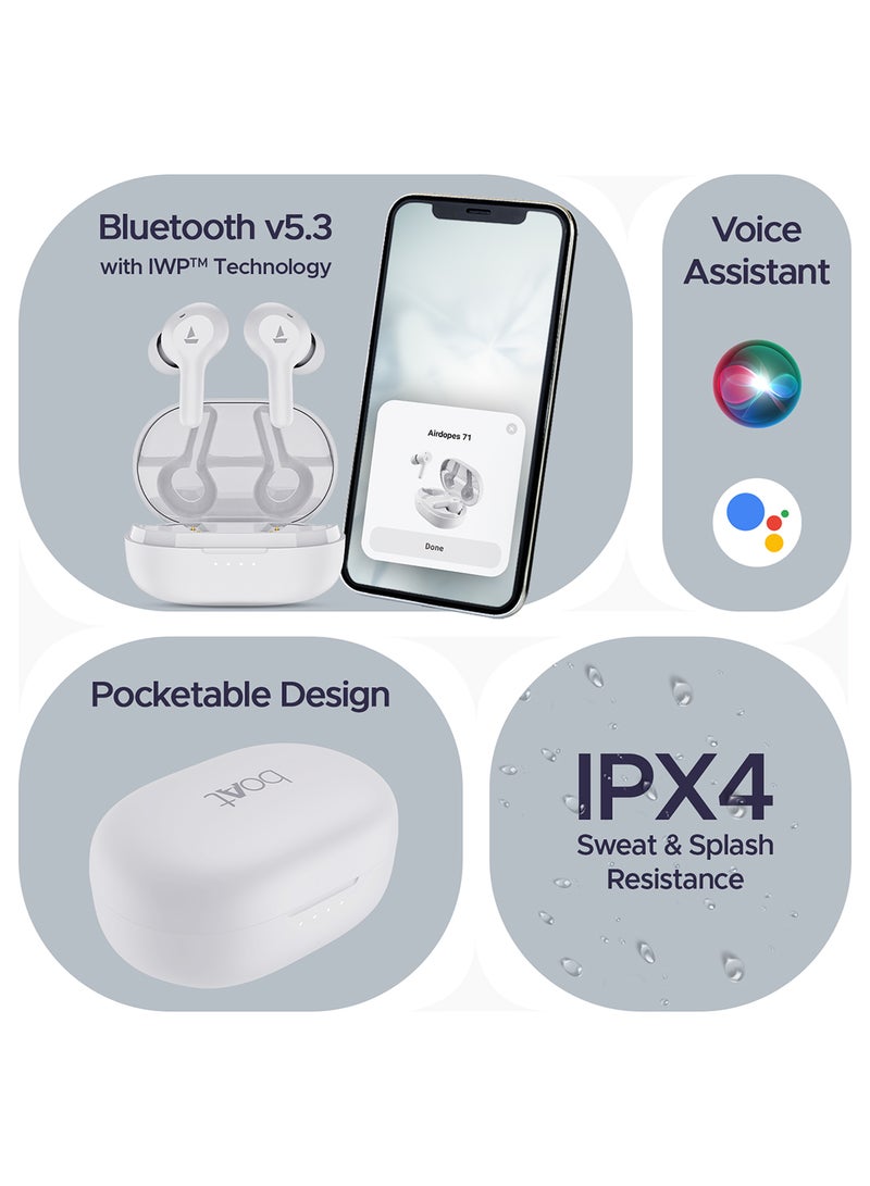 Airdopes 71 Tws Earbuds With 40 Hours Playtime, Dual Mics With Enx, Asap  Charge, Iwp, Beast Mode With 50 Ms Low Latency, Ipx4 & Pocketable Id Frost White - pnsku/N70125913V/45/_/1730306776/1b337e36-4e40-4d07-b87f-2359e4e6bc82