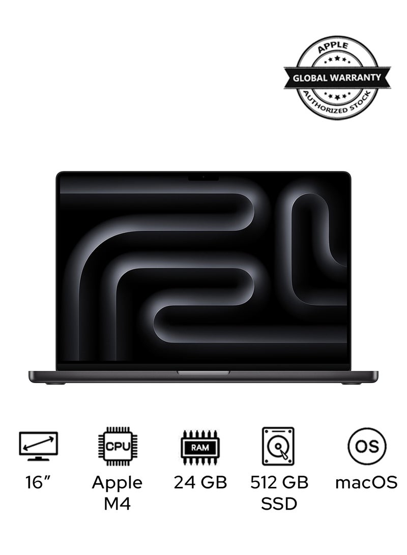 ابل  ماك بوك برو MX2X3 شاشة ريتينا 16 إنش بتقنية XDR السائلة، شريحة M4 برو بمعالج 14 نواة ومعالج رسومي 20 نواة/24 جيجابايت رام/512 جيجابايت SSD/نظام macOS (نسخة دولية) - Image 1