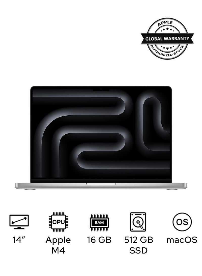 أبل - MacBook Pro MW2W3 Liquid XDR Retina 14-Inch Display, M4 Chip 10-Core CPU 10-Core GPU Processor/16GB RAM/512GB SSD/macOS English/Arabic Silver - Image 1
