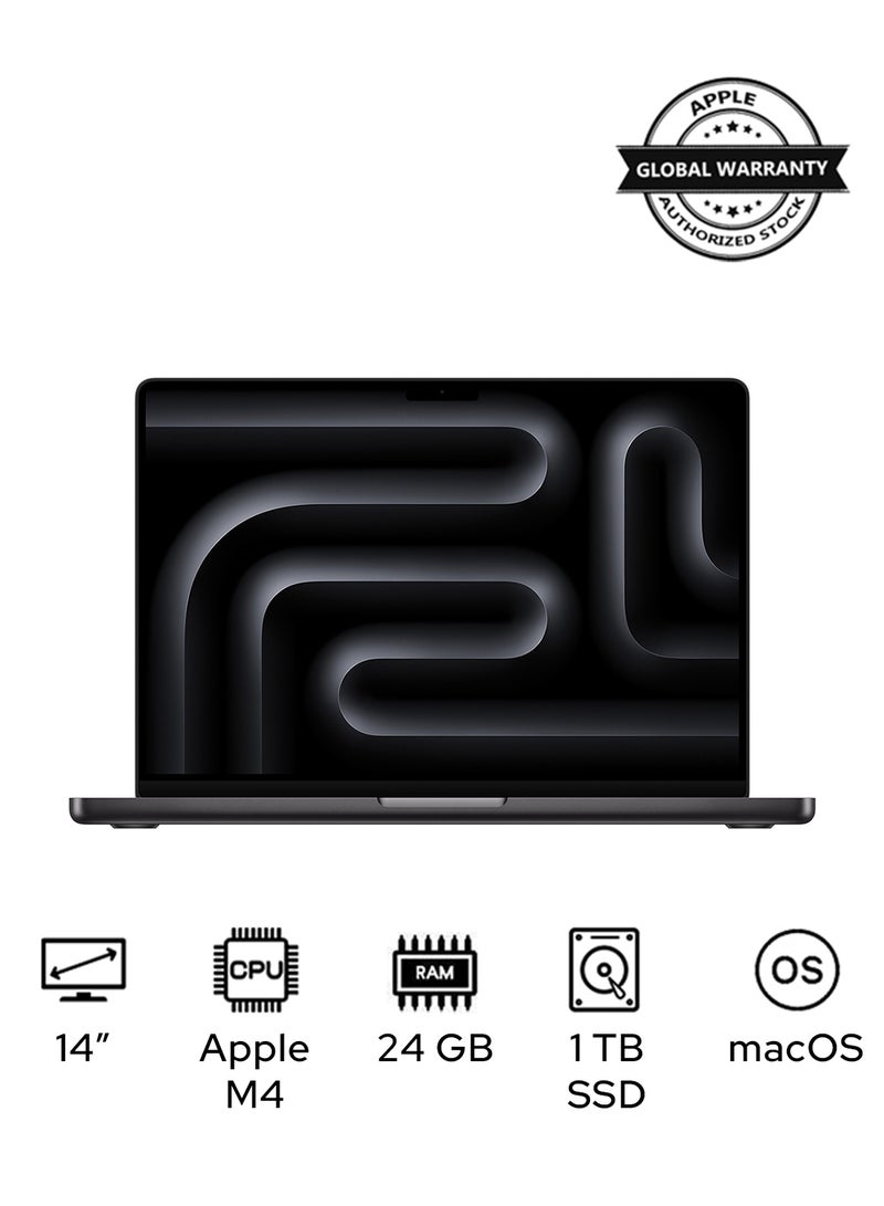 أبل - MacBook Pro MCX04 Liquid XDR Retina 14-Inch Display, M4 Chip 10-Core CPU 10-Core GPU Processor/24GB RAM/1TB SSD/macOS English/Arabic Space Black - Image 1