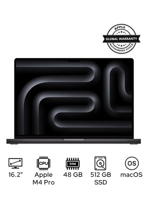 MacBook Pro MX2Y3 Liquid XDR Retina 16-Inch Display, M4 Pro Chip 14-Core CPU 20-Core GPU Processor/48GB RAM/512GB SSD/macOS English/Arabic Space Black