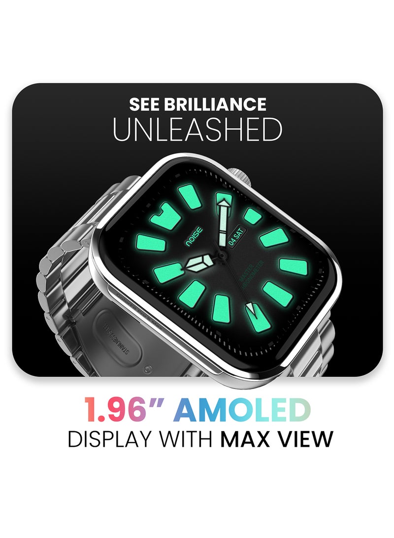 Colorfit Pro 5 Max 1.96" Amoled Display Smart Watch, Bt Calling, Post Training Workout Analysis, Vo2 Max, Rapid Health, 5X Faster Data Transfer Elite Silver