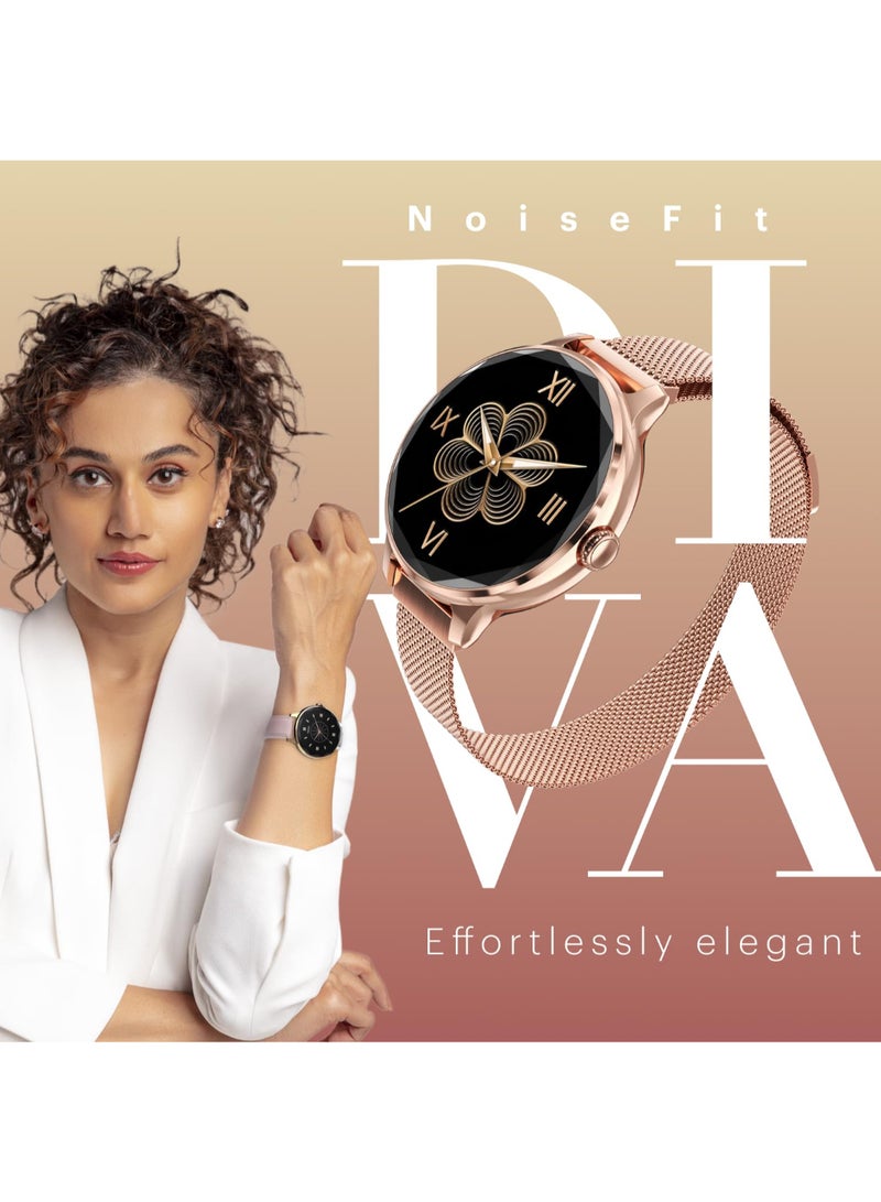 نويز ساعة ذكية ديفا مع قرص مقطوع بالألماس، تشطيب معدني لامع، شاشة أموليد، خيارات حزام معدني شبكي و جلد، أكثر من 100 واجهة ساعة، ساعة ذكية لمتابعة الدورة الشهرية للنساء - Image 2