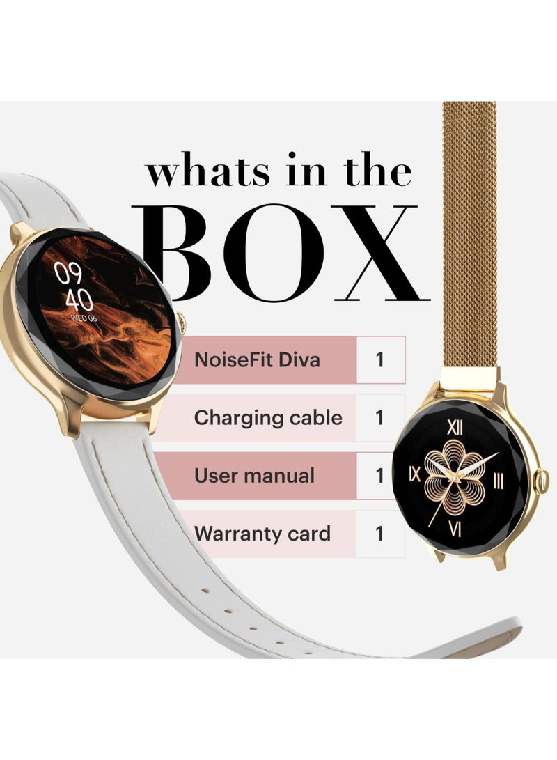 Diva Smartwatch With Diamond Cut Dial, Glossy Metallic Finish, Amoled Display, Mesh Metal And Leather Strap Options, 100+ Watch Faces, Female Cycle Tracker Smart Watch For Women Gold Link - pnsku/N70125999V/45/_/1730381392/dd83d2f6-b575-4667-bde2-7e90d922843d