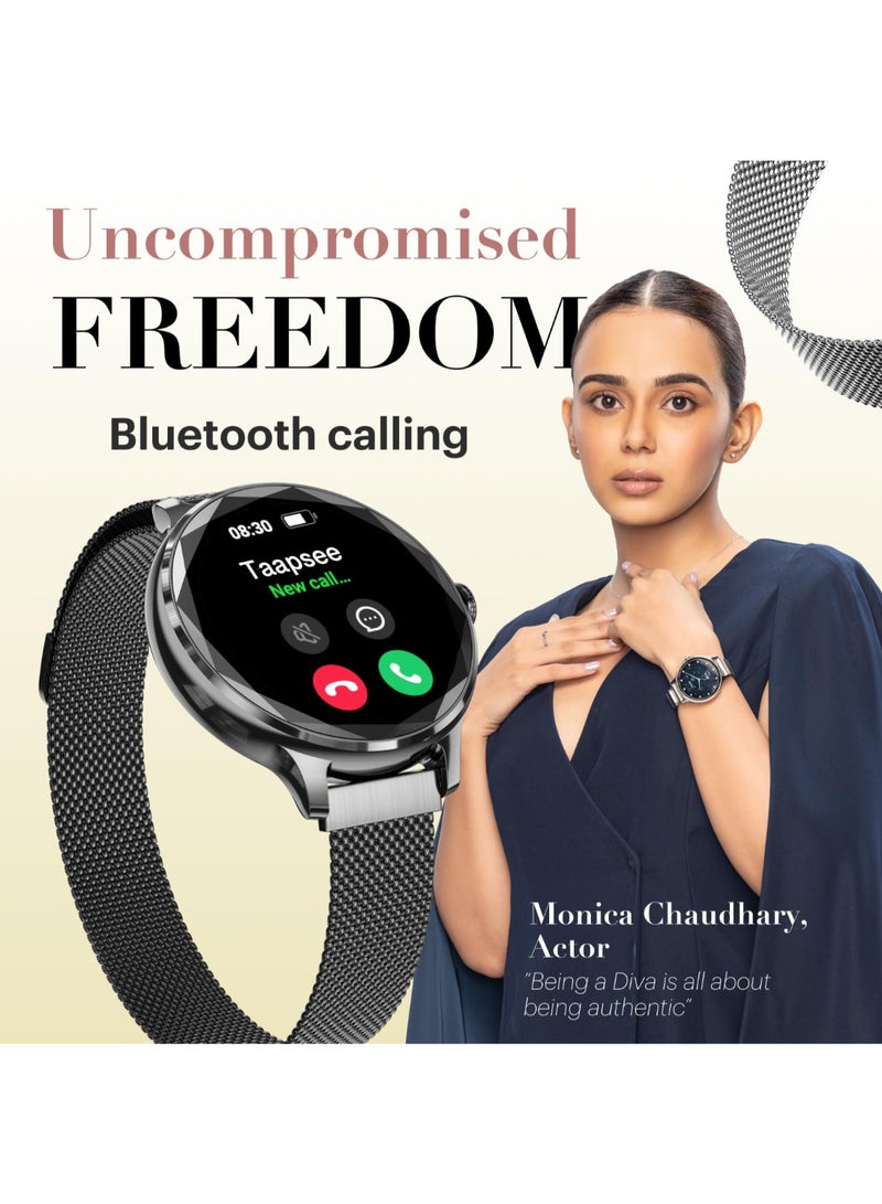 Diva Smartwatch With Diamond Cut Dial, Glossy Metallic Finish, Amoled Display, Mesh Metal And Leather Strap Options, 100+ Watch Faces, Female Cycle Tracker Smart Watch For Women Gold Link - pnsku/N70125999V/45/_/1730381394/680cf61b-5214-4845-8a1d-7d4c87da7d0c