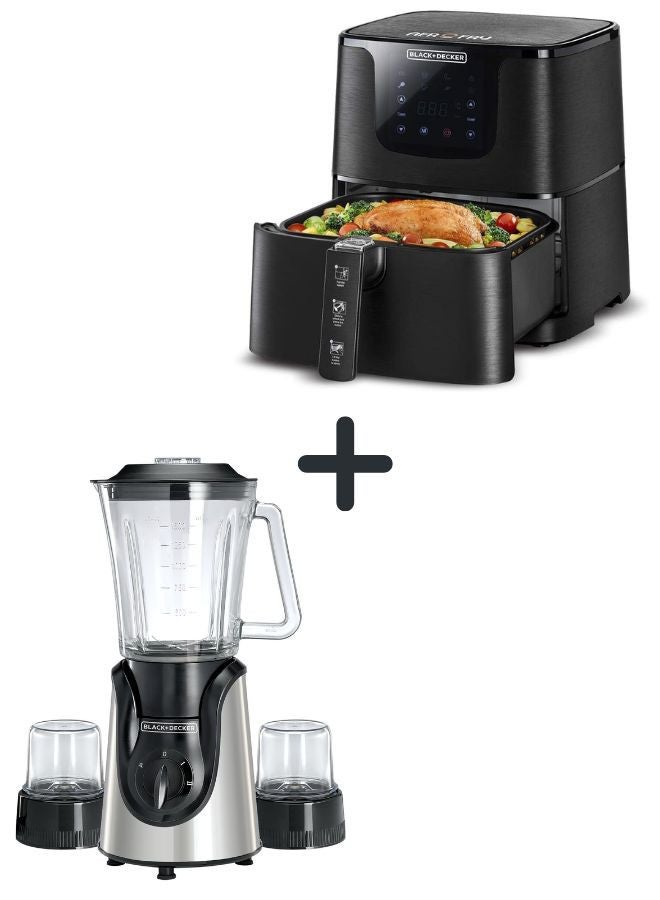 بلاك اند ديكر 4.3L Air Fryer with 1700W Power, Touch Control, 10 Cooking Presets + 1.5L Blender with 600W Motor, Stainless Steel Blades, and Grinder Mill 6 L 1700 W AF700-B5+BGG600-B9 Black - Image 1