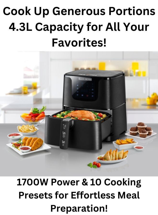 بلاك اند ديكر 4.3L Air Fryer with 1700W Power, Touch Control, 10 Cooking Presets + 1.5L Blender with 600W Motor, Stainless Steel Blades, and Grinder Mill 6 L 1700 W AF700-B5+BGG600-B9 Black - Image 3