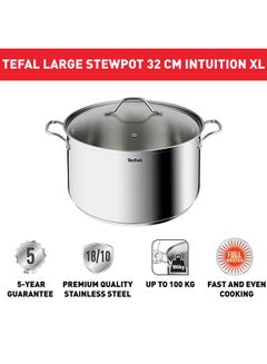 تيفال TEFAL قدر Intuition XL | 32 سم | الفولاذ المقاوم للصدأ 18/10 عالي الجودة | حجم XL | مقابض قوية | غطاء زجاجي | طنجرة للطهي بالحث | ضمان لمدة سنتين | B8647404 XLسم  - Image 2