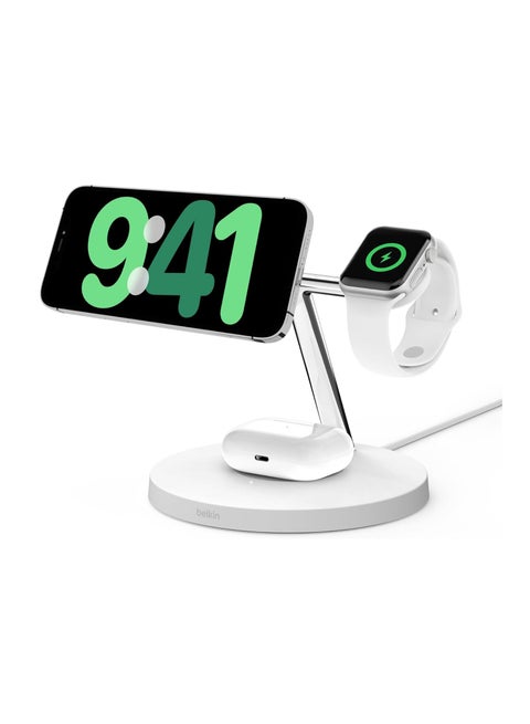 BoostCharge Pro 3-in-1 Wireless Charger with Qi2 for iPhone 16, 15, 14, 13 and 12 + Apple Watch + AirPods (Magnetically Charges iPhone 16, 15, 14, 13 and 12 Models up to 15W) - White