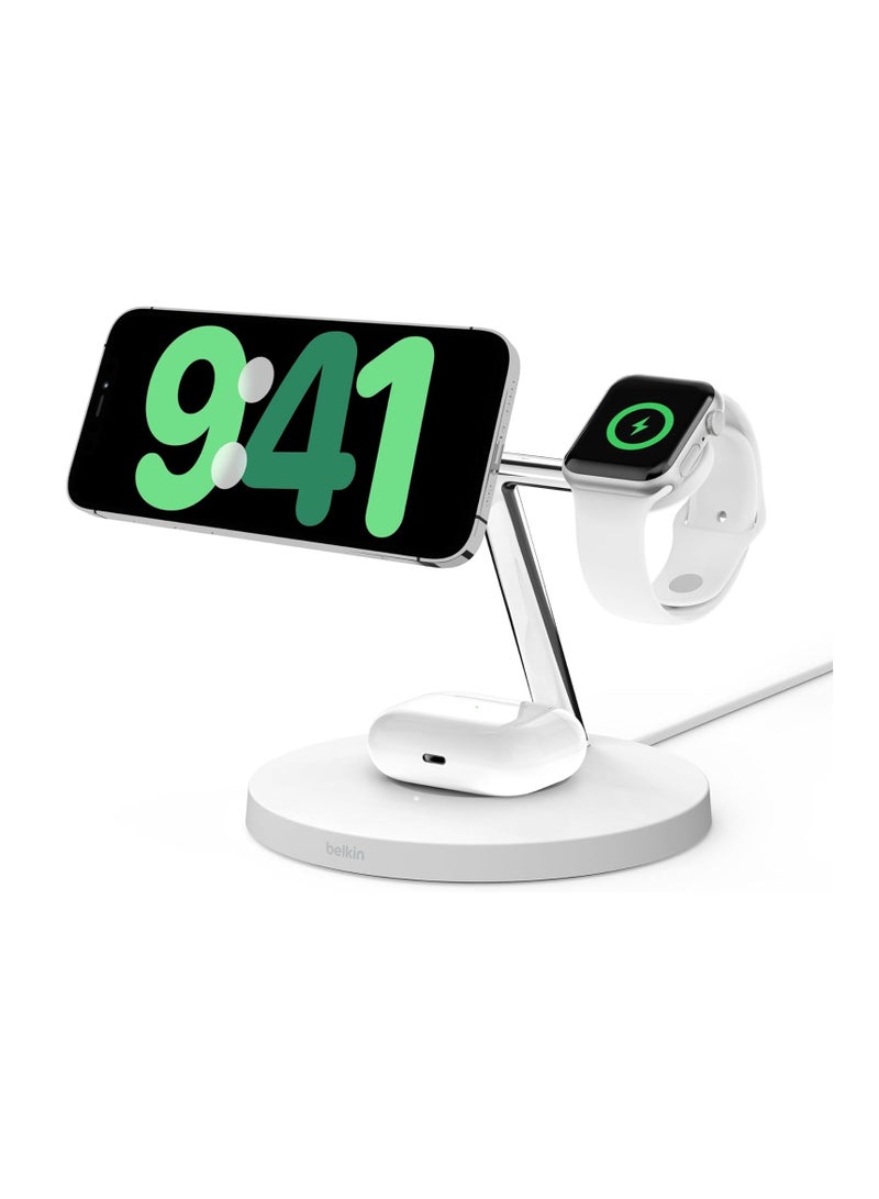 belkin - BoostCharge Pro 3-in-1 Wireless Charger with Qi2 for iPhone 16, 15, 14, 13 and 12 + Apple Watch + AirPods (Magnetically Charges iPhone 16, 15, 14, 13 and 12 Models up to 15W) - White - Image 1