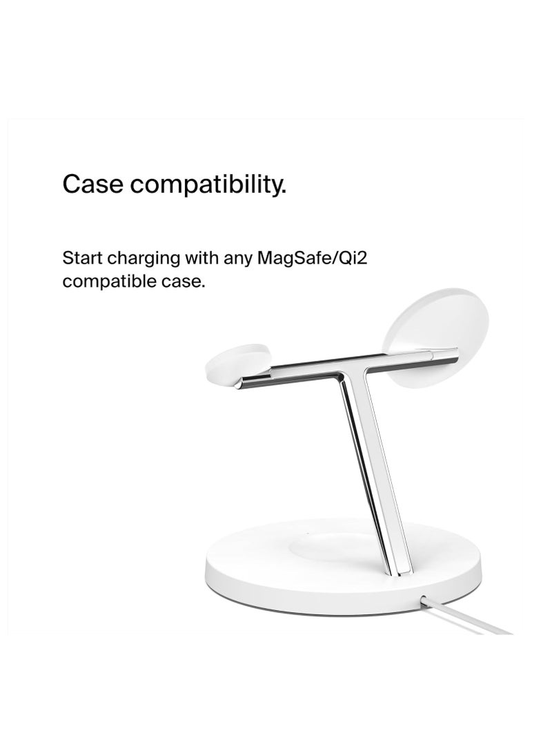 belkin - BoostCharge Pro 3-in-1 Wireless Charger with Qi2 for iPhone 16, 15, 14, 13 and 12 + Apple Watch + AirPods (Magnetically Charges iPhone 16, 15, 14, 13 and 12 Models up to 15W) - White - Image 1