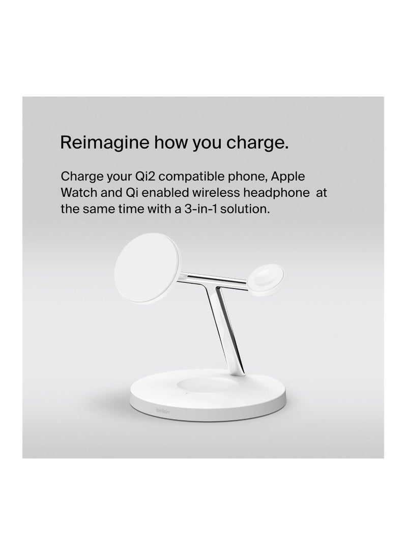 belkin - BoostCharge Pro 3-in-1 Wireless Charger with Qi2 for iPhone 16, 15, 14, 13 and 12 + Apple Watch + AirPods (Magnetically Charges iPhone 16, 15, 14, 13 and 12 Models up to 15W) - White - Image 1
