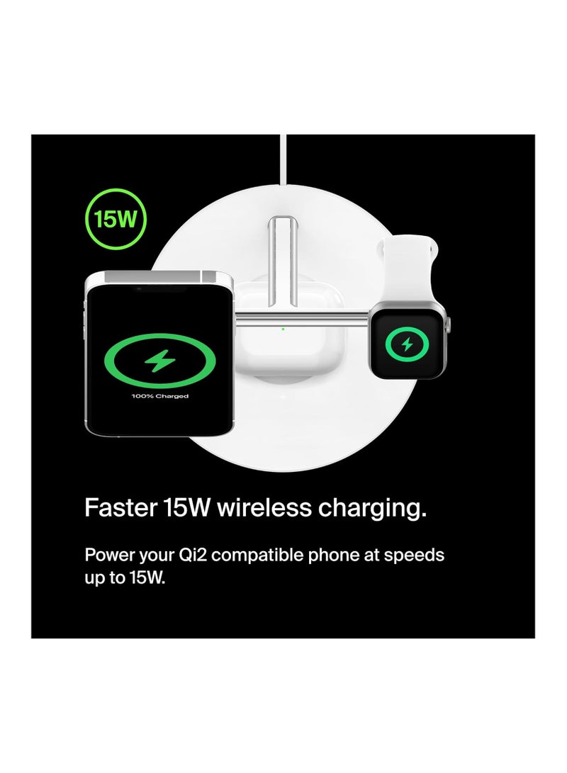 belkin - BoostCharge Pro 3-in-1 Wireless Charger with Qi2 for iPhone 16, 15, 14, 13 and 12 + Apple Watch + AirPods (Magnetically Charges iPhone 16, 15, 14, 13 and 12 Models up to 15W) - White - Image 1