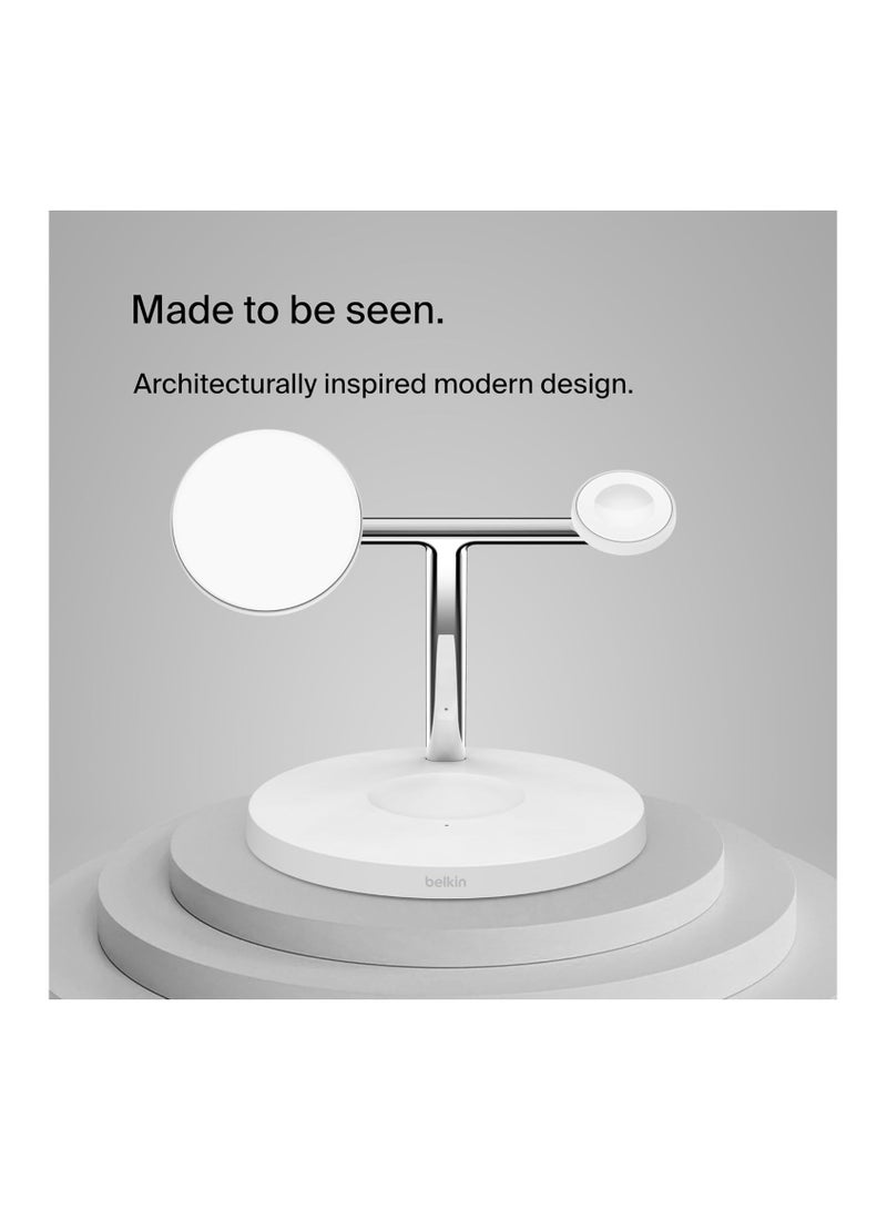 belkin - BoostCharge Pro 3-in-1 Wireless Charger with Qi2 for iPhone 16, 15, 14, 13 and 12 + Apple Watch + AirPods (Magnetically Charges iPhone 16, 15, 14, 13 and 12 Models up to 15W) - White - Image 1