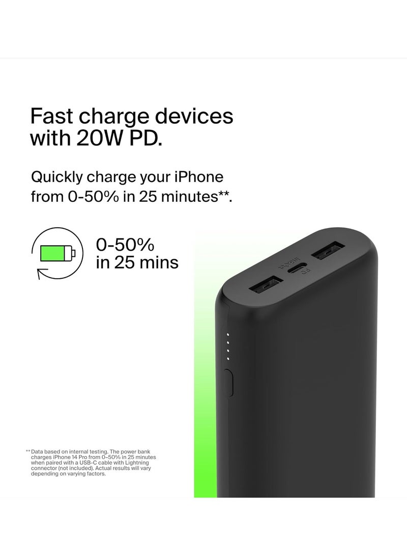 belkin - 30 mAh BoostCharge 3-Port Compact Power Bank 20K with PD 20W, Portable Charger for iPhone 16/15/14/13/12, AirPods, Samsung Galaxy, Pixel and More, Travel-Friendly Design with 12in USB-C to USB-C Cable Black - Image 1