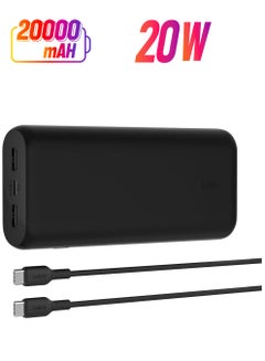 30 mAh BoostCharge 3-Port Compact Power Bank 20K with PD 20W, Portable Charger for iPhone 16/15/14/13/12, AirPods, Samsung Galaxy, Pixel and More, Travel-Friendly Design with 12in USB-C to USB-C Cable Black