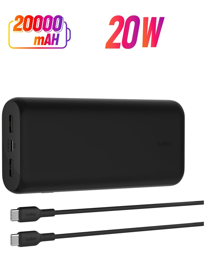 belkin - 30 mAh BoostCharge 3-Port Compact Power Bank 20K with PD 20W, Portable Charger for iPhone 16/15/14/13/12, AirPods, Samsung Galaxy, Pixel and More, Travel-Friendly Design with 12in USB-C to USB-C Cable Black - Image 1