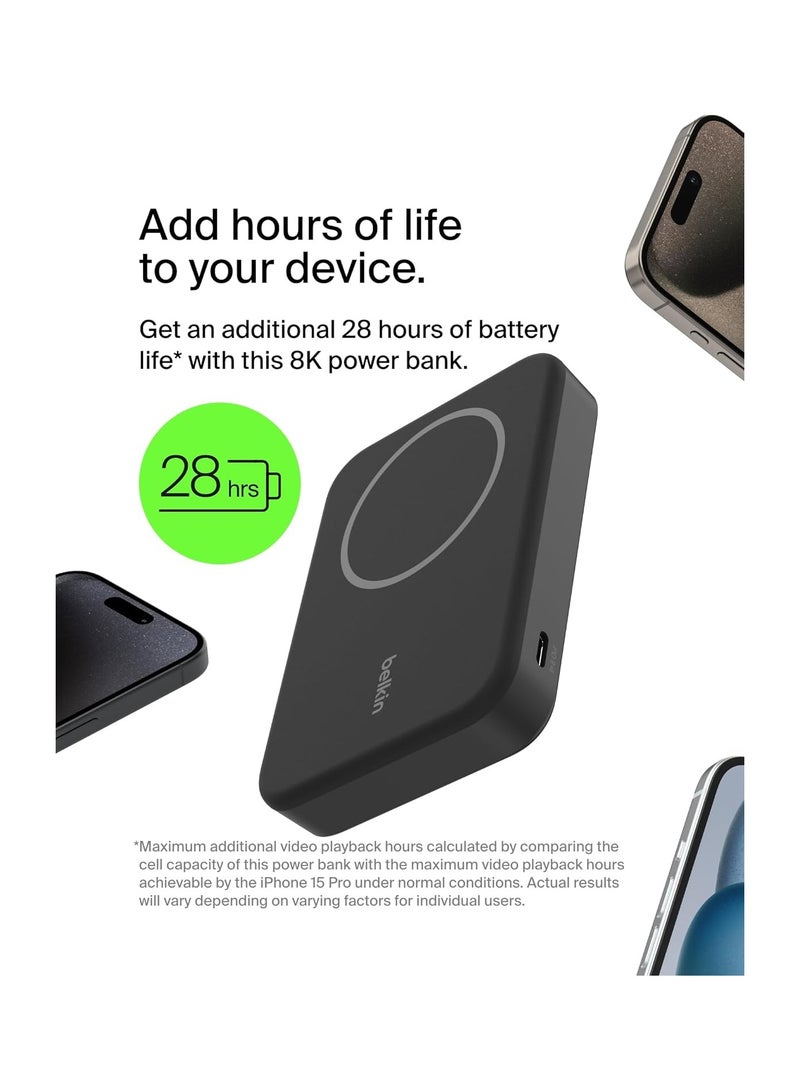 belkin - 8000 mAh Belkin BoostCharge Pro Wireless Power Bank 8000mAh with Qi2, MagSafe Compatible Portable Charger + Built-in Pop-up Kickstand - For iPhone 16, 16 Plus, 16 Pro, 16 Pro Max, iPhone 15, and More - Black - Image 1