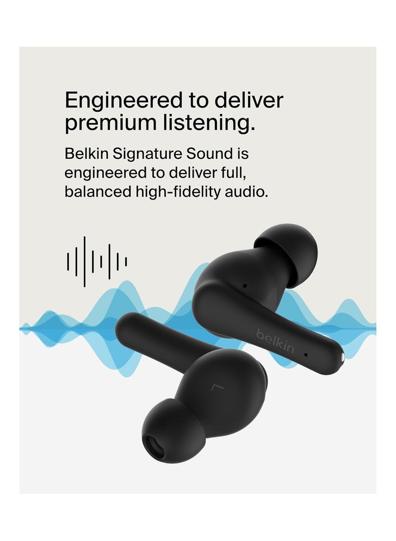 belkin - SoundForm Rhythm True Wireless Earbuds with Built-in Microphone, USB-C Fast Charging, 28H Battery Life, IPX5 Water Resistance - Bluetooth Earbuds for iPhone, iPad, Galaxy, Pixel And More - Black - Image 1