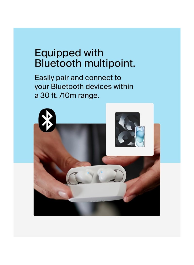 belkin - SoundForm Rhythm True Wireless Earbuds with Built-in Microphone, USB-C Fast Charging, 28H Battery Life, IPX5 Water Resistance - Bluetooth Earbuds for iPhone, iPad, Galaxy, Pixel And More - White - Image 1
