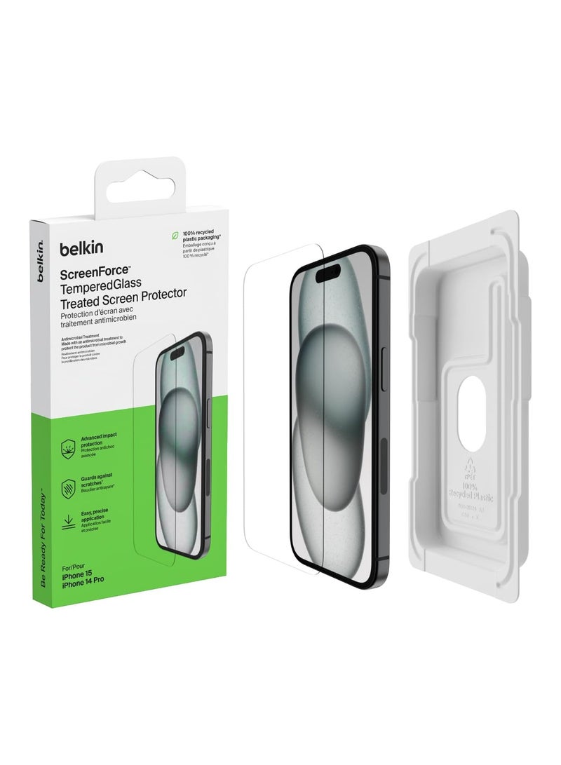 belkin ScreenForce TemperedGlass Treated Screen Protector for iPhone 15, Slim, Crystal Clear, Scratch-Resistant, Full Screen Tempered Glass Film, Includes Easy Align Tray for Bubble Free Application Clear - Image 1