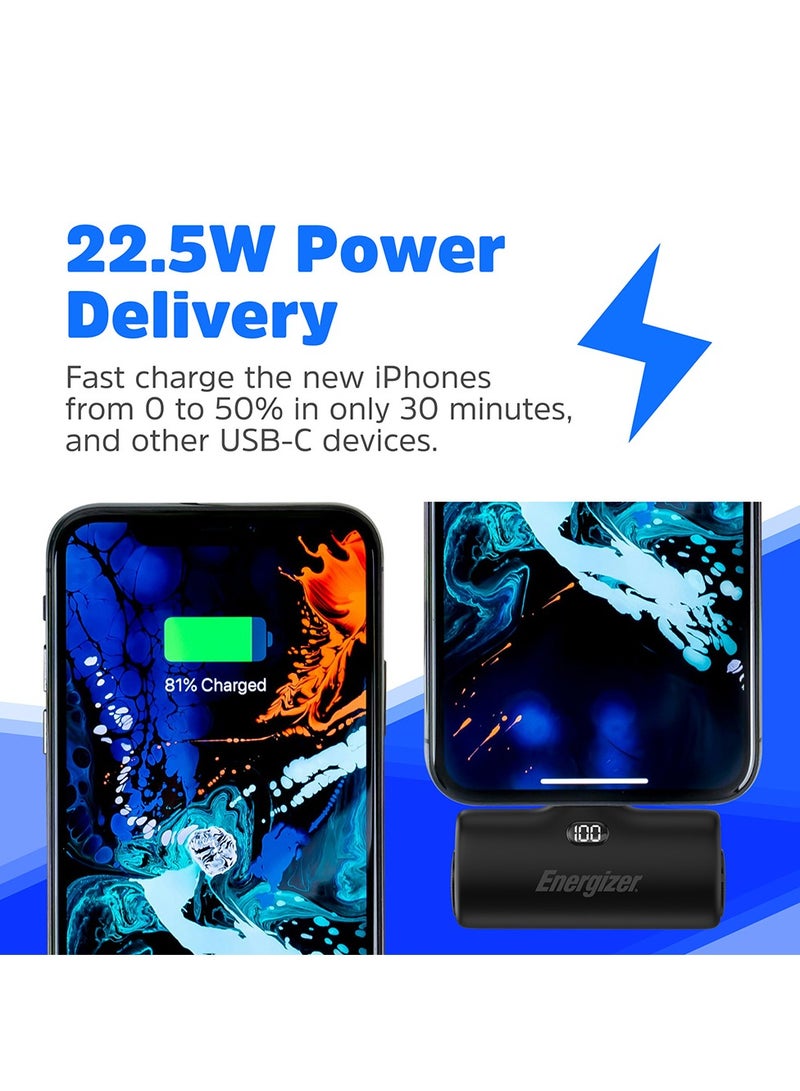 Energizer - 4600 mAh Ultimate Clip Power Bank with Built-in USB-C Connector, 4600mAh Portable Charger 22.5W, for iPhone 16/16 Plus/16 Pro/16 Pro Max, Samsung S24/23 Series, iPad Pro/Air, AirPods, LCD Display Black - Image 1