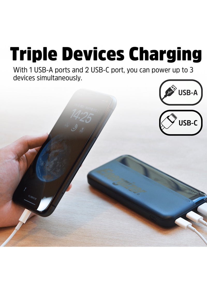 Energizer 10000 mAh 15W Max Rapid Charging Power Bank With Dual USB-C Outputs, and One USB-A Output, USB-C Input, Black  - Image 2