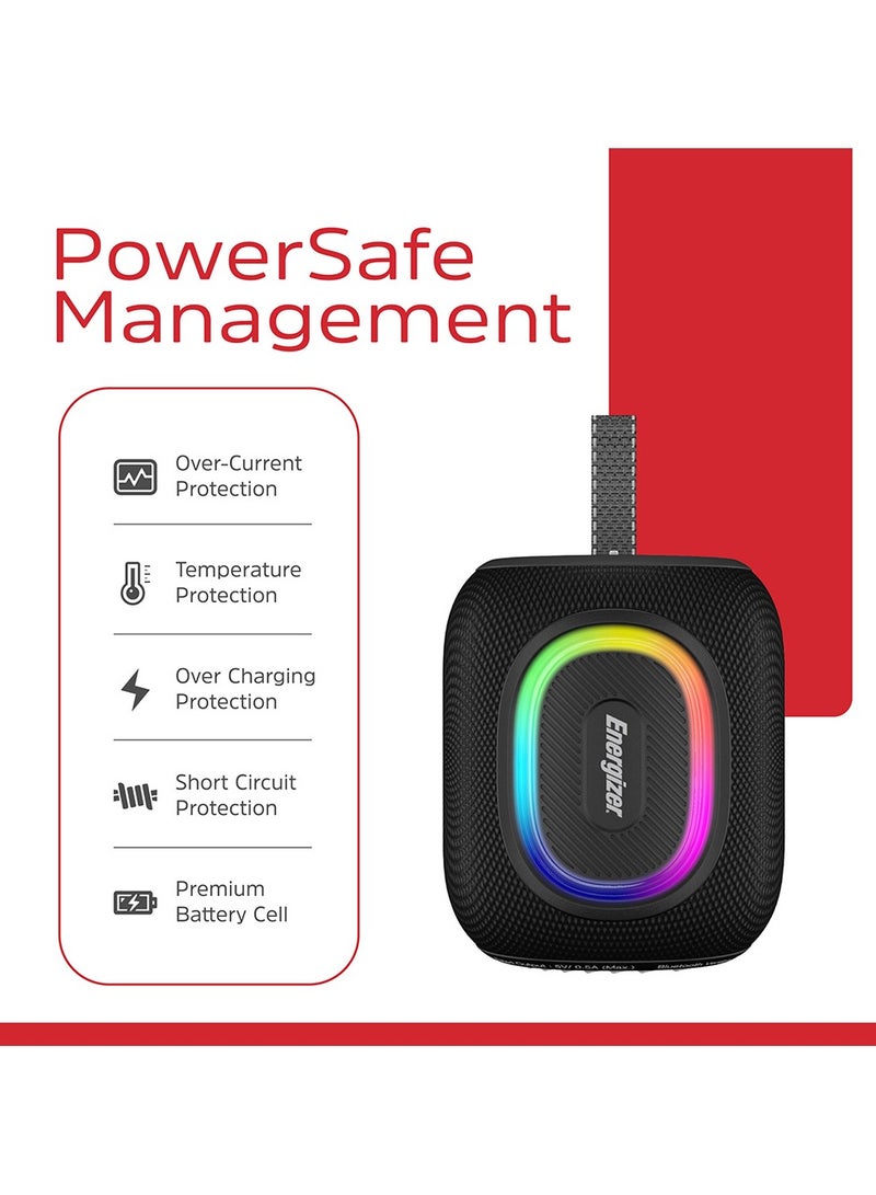 Energizer BTS-081 Waterproof Portable Bluetooth Speaker, RGB Party Light, IPX65, FM Feature, Power Bank Function, 8W Black - Image 5