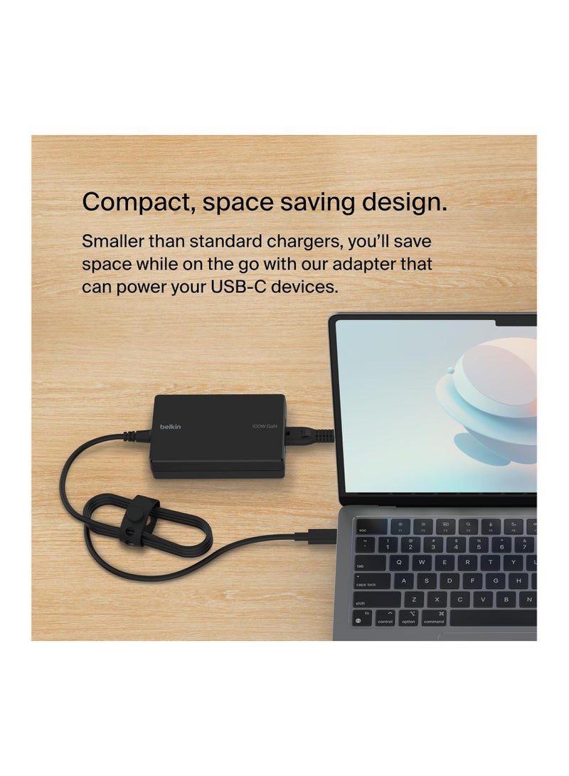 Connect 100W USB-C Core GaN Power Adapter, Fast-Charging Adapter with Universal USB-C Compatibility, 100W Power Delivery, UK and EU Power Cords for Gaming, MacBook, PC Laptops, And Chromebook Black