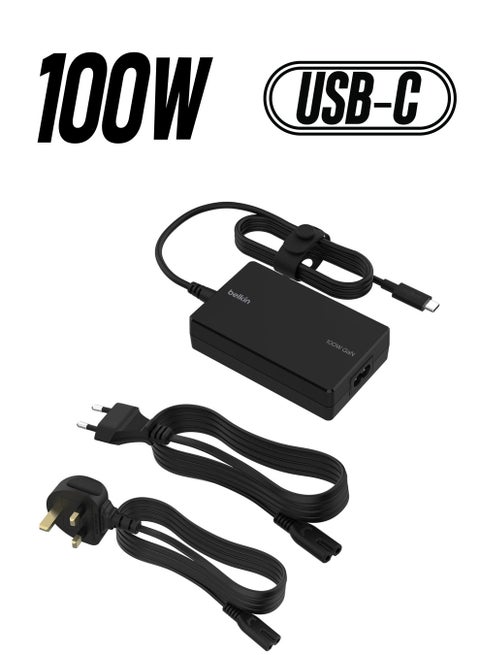 Connect 100W USB-C Core GaN Power Adapter, Fast-Charging Adapter with Universal USB-C Compatibility, 100W Power Delivery, UK and EU Power Cords for Gaming, MacBook, PC Laptops, And Chromebook Black