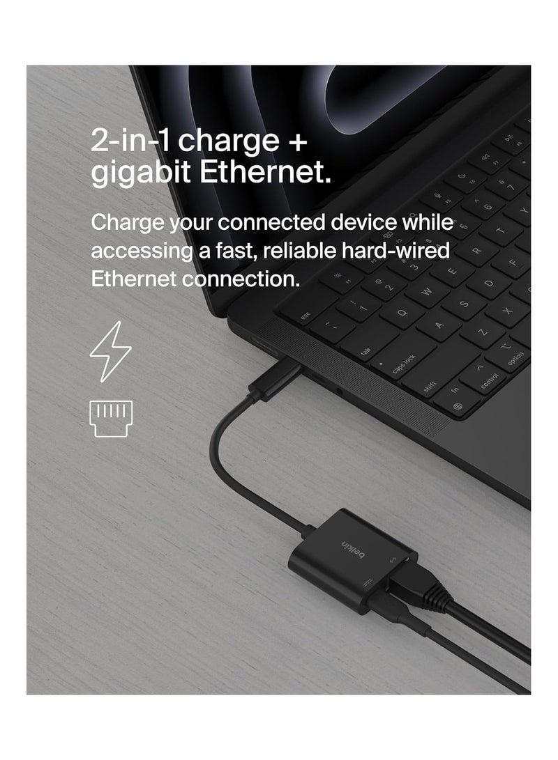 بيلكين Connect USB-C to Ethernet + Charge Adapter 100W w/ Gigabit Ethernet Port and USB-C Port - [10/100/1000] Mbps for Fast Internet Connection - Compatible with iPhone 16, 15, Galaxy S24 And More Black  - Image 2