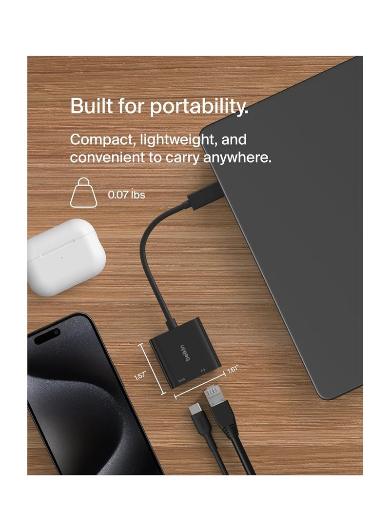بيلكين Connect USB-C to Ethernet + Charge Adapter 100W w/ Gigabit Ethernet Port and USB-C Port - [10/100/1000] Mbps for Fast Internet Connection - Compatible with iPhone 16, 15, Galaxy S24 And More Black  - Image 3