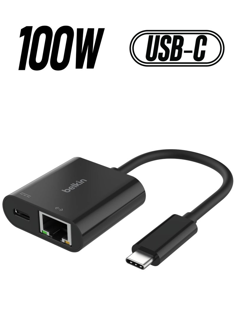 بيلكين Connect USB-C to Ethernet + Charge Adapter 100W w/ Gigabit Ethernet Port and USB-C Port - [10/100/1000] Mbps for Fast Internet Connection - Compatible with iPhone 16, 15, Galaxy S24 And More Black  - Image 1
